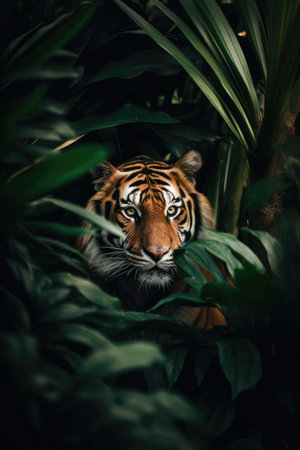 Portrait of tiger in tropical jungle leaves and plants, created using generative ai technology. Wild animal, wildlife, nature and beauty in nature concept digitally generated image.の素材