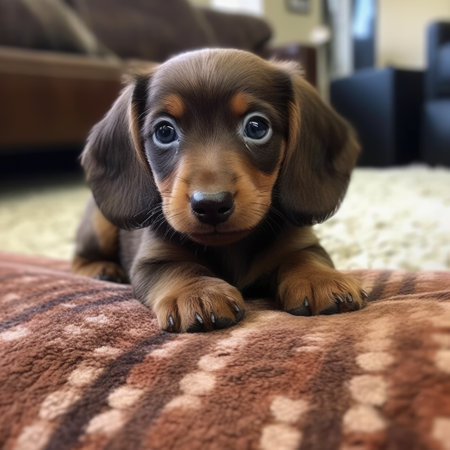 Portrait of cute brown dachshund puppy on blanket, created using generative ai technology. Animal, puppy, pet and dog concept digitally generated image.の素材