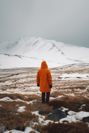 Woman in frozen arctic tundra landscape, created using generative ai technology. Scenery, winter and beauty in nature concept digitally generated image.の素材