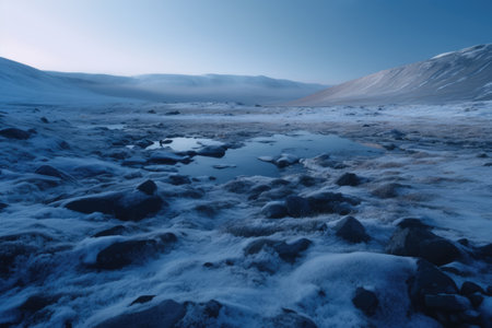 Frozen arctic tundra landscape with blue sky and snow, created using generative ai technology. Scenery, winter and beauty in nature concept digitally generated image.の素材