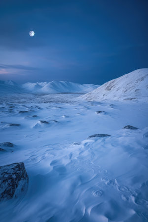 Frozen arctic tundra landscape with snow and full moon, created using generative ai technology. Scenery, winter and beauty in nature concept digitally generated image.の素材