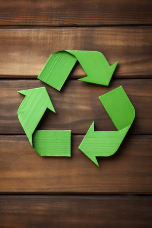Green arrows recycling sign on wooden background, created using generative ai technology. Recycling, environment and climate change awareness concept digitally generated image.の素材