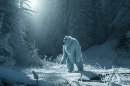Snow yeti and trees covered in snow, created using generative ai technology. Yeti, winter scenery and beauty in nature concept digitally generated image.の素材