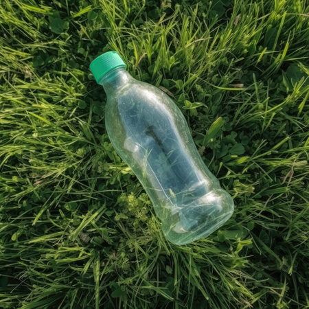 Plastic bottle with green top on grass background, created using generative ai technology. Recycling, environment and climate change awareness concept digitally generated image.の素材