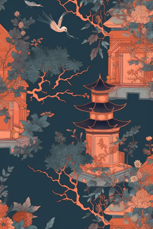Repeatable pattern of chinoiserie on green background, created using generative ai technology. Chinoiserie, interior design and decorative pattern concept digitally generated image.の素材