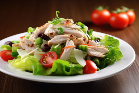 Close up of plate of fresh salad with chicken and tomatoes, created using generative ai technology. Fresh food and healthy eating concept digitally generated image.の素材