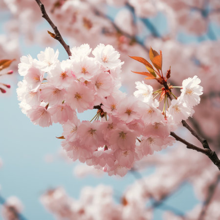 Close up of light pink cherry blossoms, created using generative ai technology. Cherry blossom, beauty in nature and spring concept digitally generated image.の素材