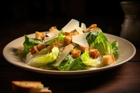 Close up of plate of fresh caesar salad with croutons, created using generative ai technology. Fresh food and healthy eating concept digitally generated image.の素材