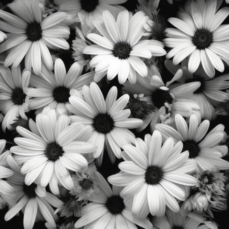 White daisy flowers in black and white on black background, created using generative ai technology. Daisy, flower, pattern, nature in black and white concept digitally generated image.の素材