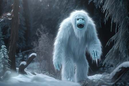 Snow yeti and trees covered in snow, created using generative ai technology. Yeti, winter scenery and beauty in nature concept digitally generated image.の素材