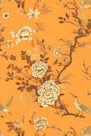 Repeatable pattern of chinoiserie on orange background, created using generative ai technology. Chinoiserie, interior design and decorative pattern concept digitally generated image.の素材