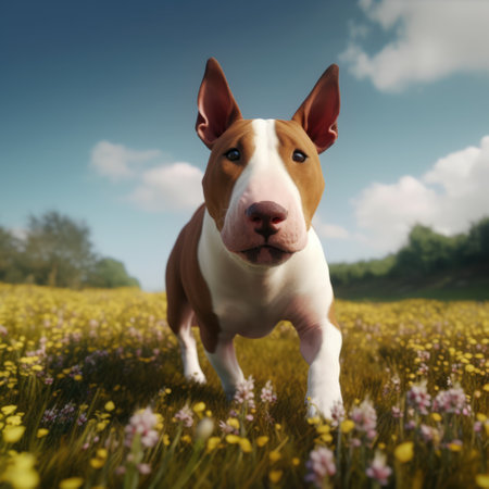 Portrait of brown bull terrier in meadow, created using generative ai technology. Animal, pet and dog concept digitally generated image.の素材