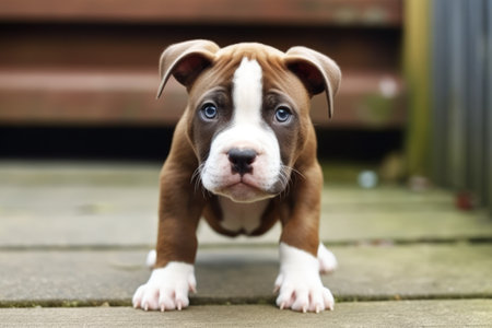 Portrait of brown and white pitbull puppy standing on wood, created using generative ai technology. Animal, dog and pet concept digitally generated image.の素材