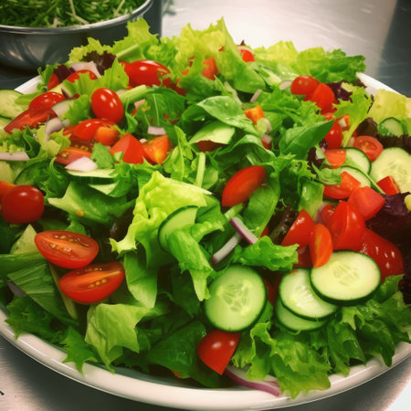 Close up of plate of fresh salad leaves with tomatoes, created using generative ai technology. Fresh food and healthy eating concept digitally generated image.の素材