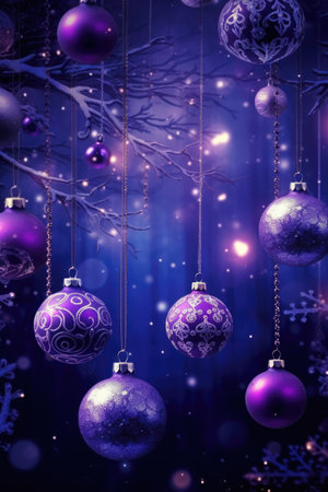 Purple christmas baubles on purple background, created using generative ai technology. Christmas, celebration and decoration wallpaper concept digitally generated image.の素材