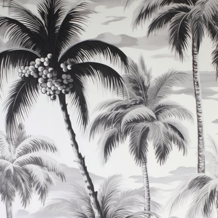 Multiple palm trees and mountains in black and white, created using generative ai technology. Palm trees, wallpaper pattern and exotic nature concept digitally generated image.の素材
