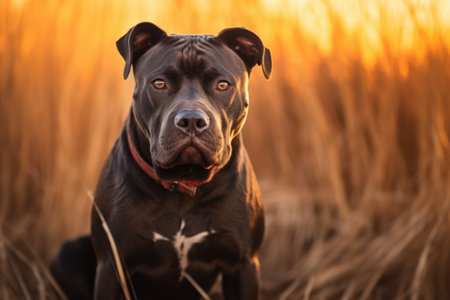 Portrait of black and brown pitbull in field, created using generative ai technology. Animal, dog and pet concept digitally generated image.の素材