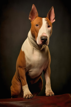 Portrait of brown bull terrier on dark background, created using generative ai technology. Animal, pet and dog concept digitally generated image.の素材