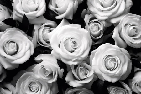 White roses in black and white on black background, created using generative ai technology. Flowers, pattern and nature concept digitally generated image.の素材