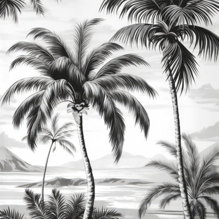 Multiple palm trees and mountains in black and white, created using generative ai technology. Palm trees, wallpaper pattern and exotic nature concept digitally generated image.の素材