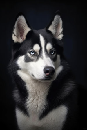 Close up of siberian husky in black and white, created using generative ai technology. Siberian husky, dog and nature concept digitally generated image.の素材