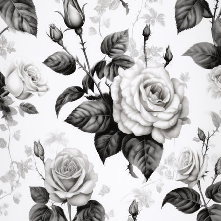 White roses in black and white on white background, created using generative ai technology. Flowers, pattern and nature concept digitally generated image.の素材