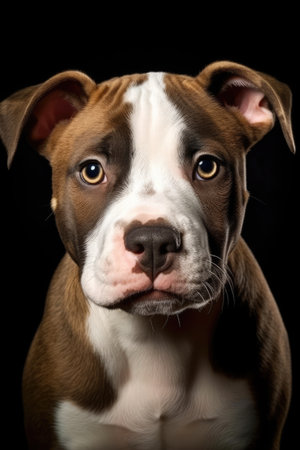 Close up portrait of brown and white pitbull puppy, created using generative ai technology. Animal, dog and pet concept digitally generated image.の素材