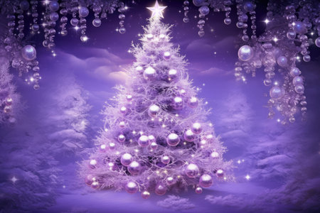 Purple christmas tree and baubles on purple background, created using generative ai technology. Christmas, celebration and decoration wallpaper concept digitally generated image.の素材