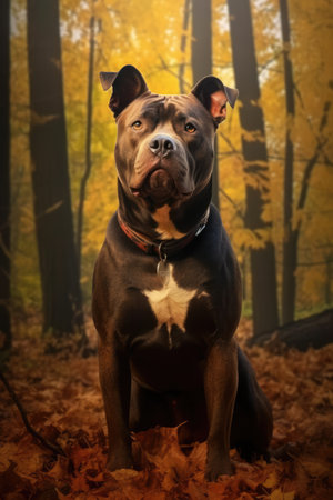 Portrait of black and brown pitbull in autumn forest, created using generative ai technology. Animal, dog and pet concept digitally generated image.の素材