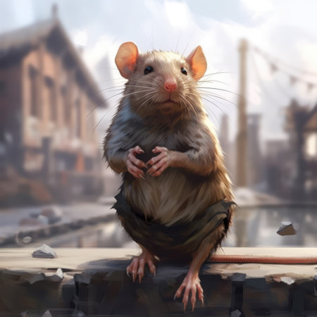 Portrait of big rat on wall in city, created using generative ai technology. Animal, rodent and nature concept digitally generated image.の素材