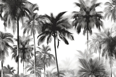 Multiple palm trees in black and white, created using generative ai technology. Palm trees, wallpaper pattern and exotic nature concept digitally generated image.の素材