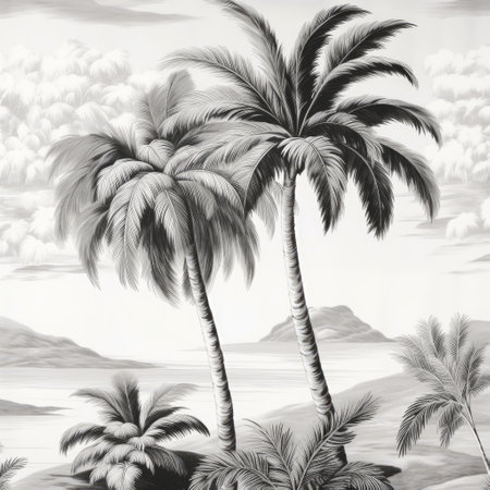 Multiple palm trees and mountains in black and white, created using generative ai technology. Palm trees, wallpaper pattern and exotic nature concept digitally generated image.の素材