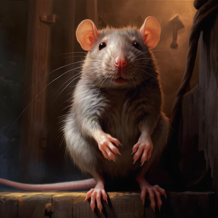 Portrait of big rat on wood in cellar, created using generative ai technology. Animal, rodent and nature concept digitally generated image.の素材