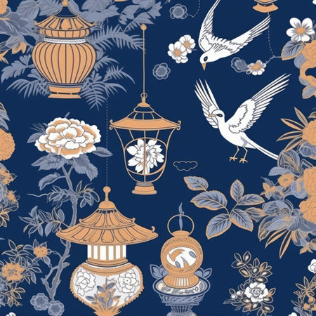 Repeatable pattern of chinoiserie on blue background, created using generative ai technology. Chinoiserie, interior design and decorative pattern concept digitally generated image.の素材