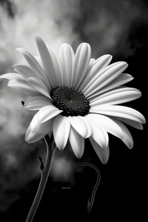 White daisy flower in black and white on black background, created using generative ai technology. Daisy, flower, pattern, nature in black and white concept digitally generated image.の素材