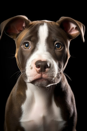 Close up portrait of brown and white pitbull puppy, created using generative ai technology. Animal, dog and pet concept digitally generated image.の素材