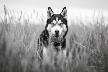 Portrait of siberian husky in field in black and white, created using generative ai technology. Siberian husky, dog and nature concept digitally generated image.の素材