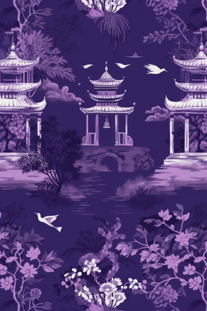 Repeatable pattern of chinoiserie on purple background, created using generative ai technology. Chinoiserie, interior design and decorative pattern concept digitally generated image.の素材