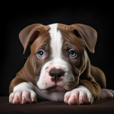 Close up portrait of brown and white pitbull puppy, created using generative ai technology. Animal, dog and pet concept digitally generated image.の素材