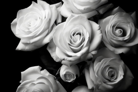 White roses in black and white on black background, created using generative ai technology. Flowers, pattern and nature concept digitally generated image.の素材