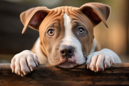Portrait of brown and white pitbull puppy resting on wood, created using generative ai technology. Animal, dog and pet concept digitally generated image.の素材