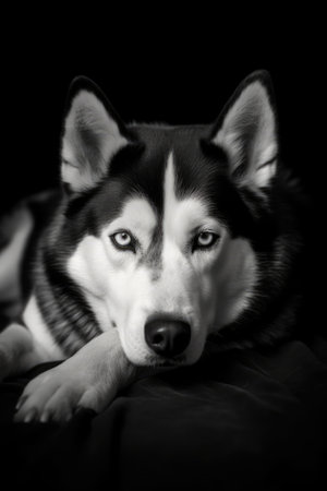 Close up of siberian husky in black and white, created using generative ai technology. Siberian husky, dog and nature concept digitally generated image.の素材