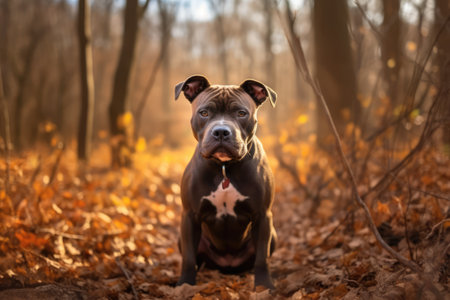 Portrait of black and brown pitbull in autumn forest, created using generative ai technology. Animal, dog and pet concept digitally generated image.の素材