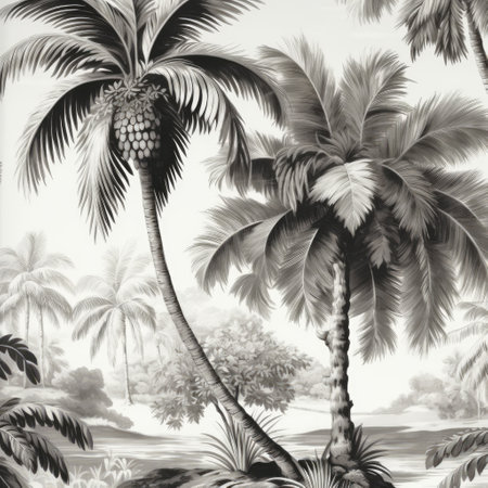 Multiple palm trees in black and white, created using generative ai technology. Palm trees, wallpaper pattern and exotic nature concept digitally generated image.の素材