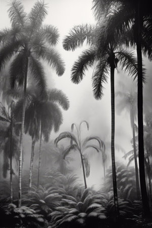 Multiple palm trees and mist in black and white, created using generative ai technology. Palm trees, wallpaper pattern and exotic nature concept digitally generated image.の素材