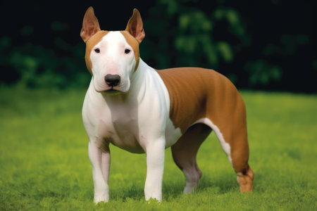 Portrait of brown bull terrier in grass, created using generative ai technology. Animal, pet and dog concept digitally generated image.の素材