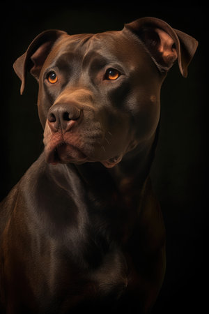 Portrait of black and brown pitbull on black background, created using generative ai technology. Animal, dog and pet concept digitally generated image.の素材