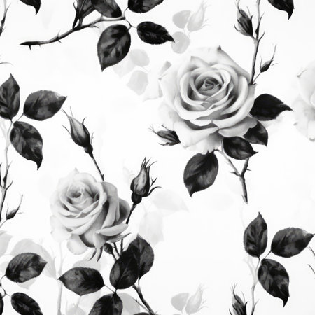 White roses in black and white on white background, created using generative ai technology. Flowers, wallpaper pattern and nature concept digitally generated image.の素材