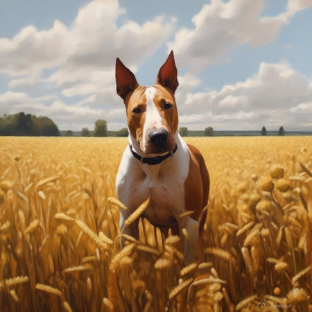 Portrait of brown bull terrier in field, created using generative ai technology. Animal, pet and dog concept digitally generated image.の素材