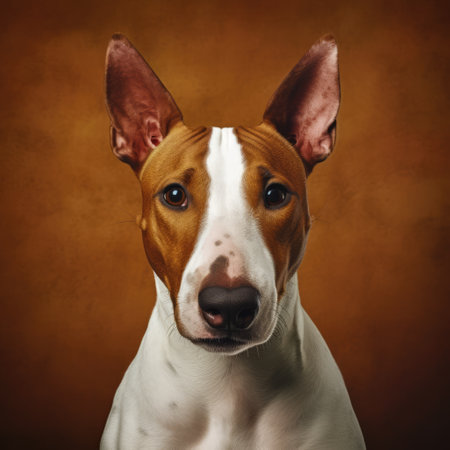 Portrait of brown bull terrier on brown background, created using generative ai technology. Animal, pet and dog concept digitally generated image.の素材